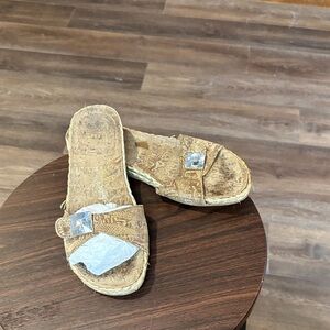 Stuart Weitzman Tan Espadrille Slide Sandals with Buckle Accent